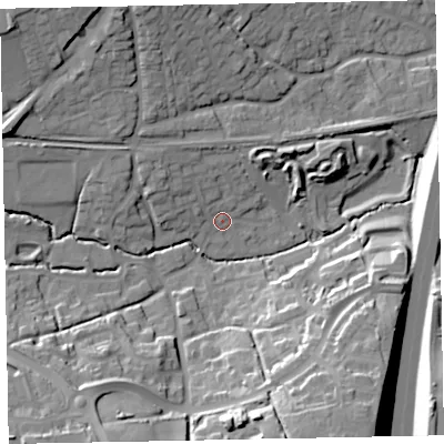 Shaded relief map of the ground around EX13QR, computed from Environment Agency LiDAR. The ground here sits at about 25 m above sea level and falls 31 m across the surrounding 800 m. Surface water reaching this point runs off ground lying to the west-south-west, 15.1 m higher.