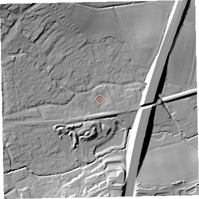 Shaded relief map of the ground around EX13RZ, computed from Environment Agency LiDAR. The ground here sits at about 25 m above sea level and falls 39 m across the surrounding 800 m. Surface water reaching this point runs off ground lying to the west-north-west, 16.1 m higher.