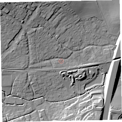Shaded relief map of the ground around EX13SH, computed from Environment Agency LiDAR. The ground here sits at about 29 m above sea level and falls 41 m across the surrounding 800 m. Surface water reaching this point runs off ground lying to the north-west, 32.3 m higher.