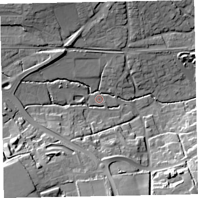 Shaded relief map of the ground around EX13XA, computed from Environment Agency LiDAR. The ground here sits at about 27 m above sea level and falls 30 m across the surrounding 800 m. Surface water reaching this point runs off ground lying to the north-west, 14.6 m higher.