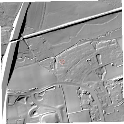 Shaded relief map of the ground around EX13XN, computed from Environment Agency LiDAR. The ground here sits at about 19 m above sea level and falls 33 m across the surrounding 800 m. Surface water reaching this point runs off ground lying to the south, 3.5 m higher.