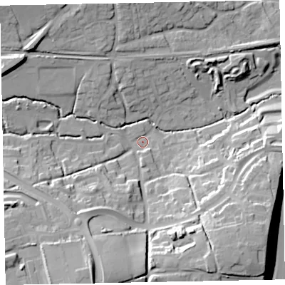 Shaded relief map of the ground around EX13XZ, computed from Environment Agency LiDAR. The ground here sits at about 24 m above sea level and falls 33 m across the surrounding 800 m. Surface water reaching this point runs off ground lying to the south-south-west, 26.3 m higher.