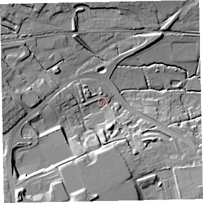 Shaded relief map of the ground around EX13YH, computed from Environment Agency LiDAR. The ground here sits at about 33 m above sea level and falls 31 m across the surrounding 800 m. Surface water reaching this point runs off ground lying to the south-south-west, 24.2 m higher.