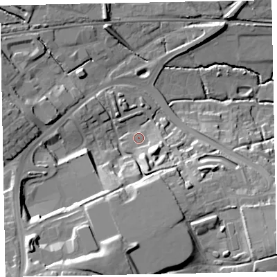 Shaded relief map of the ground around EX13YW, computed from Environment Agency LiDAR. The ground here sits at about 34 m above sea level and falls 34 m across the surrounding 800 m. Surface water reaching this point runs off ground lying to the south-south-east, 10.4 m higher.