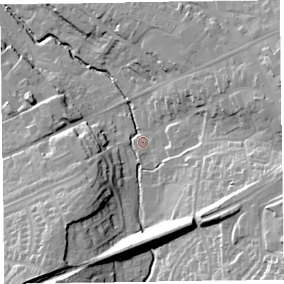 Shaded relief map of the ground around EX141AF, computed from Environment Agency LiDAR. The ground here sits at about 97 m above sea level and falls 43 m across the surrounding 800 m. Surface water reaching this point runs off ground lying to the south-east, 30.6 m higher.