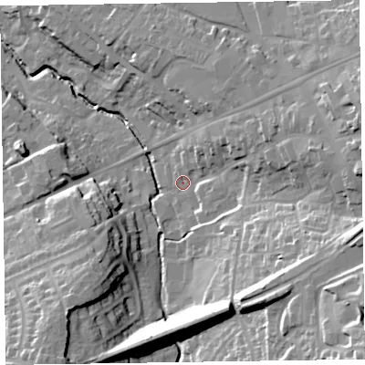 Shaded relief map of the ground around EX141AG, computed from Environment Agency LiDAR. The ground here sits at about 97 m above sea level and falls 44 m across the surrounding 800 m. Surface water reaching this point runs off ground lying to the east, 21.8 m higher.