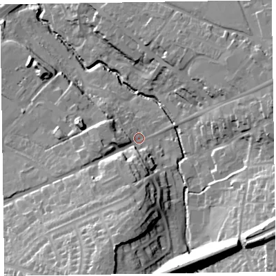Shaded relief map of the ground around EX141AH, computed from Environment Agency LiDAR. The ground here sits at about 96 m above sea level and falls 37 m across the surrounding 800 m. Surface water reaching this point runs off ground lying to the south, 20.0 m higher.