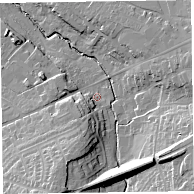 Shaded relief map of the ground around EX141AQ, computed from Environment Agency LiDAR. The ground here sits at about 96 m above sea level and falls 36 m across the surrounding 800 m. Surface water reaching this point runs off ground lying to the south-south-west, 20.0 m higher.
