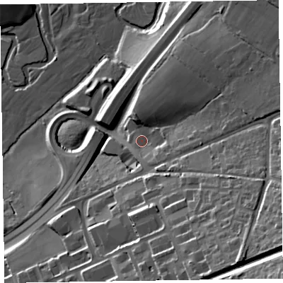 Shaded relief map of the ground around EX141BQ, computed from Environment Agency LiDAR. The ground here sits at about 88 m above sea level and falls 44 m across the surrounding 800 m. Surface water reaching this point runs off ground lying to the south-east, 4.8 m higher.