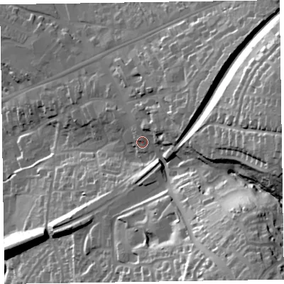 Shaded relief map of the ground around EX141BX, computed from Environment Agency LiDAR. The ground here sits at about 115 m above sea level and falls 60 m across the surrounding 800 m. Surface water reaching this point runs off ground lying to the east-north-east, 7.1 m higher.
