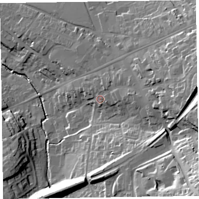 Shaded relief map of the ground around EX141DA, computed from Environment Agency LiDAR. The ground here sits at about 108 m above sea level and falls 57 m across the surrounding 800 m. Surface water reaching this point runs off ground lying to the east, 12.4 m higher.