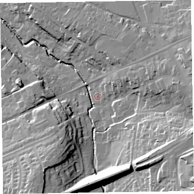 Shaded relief map of the ground around EX141DE, computed from Environment Agency LiDAR. The ground here sits at about 96 m above sea level and falls 42 m across the surrounding 800 m. Surface water reaching this point runs off ground lying to the east-north-east, 4.8 m higher.