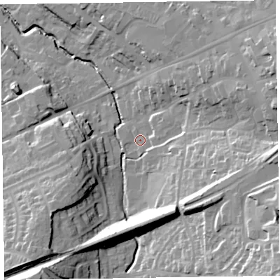 Shaded relief map of the ground around EX141DU, computed from Environment Agency LiDAR. The ground here sits at about 97 m above sea level and falls 47 m across the surrounding 800 m. Surface water reaching this point runs off ground lying to the south-east, 34.0 m higher.