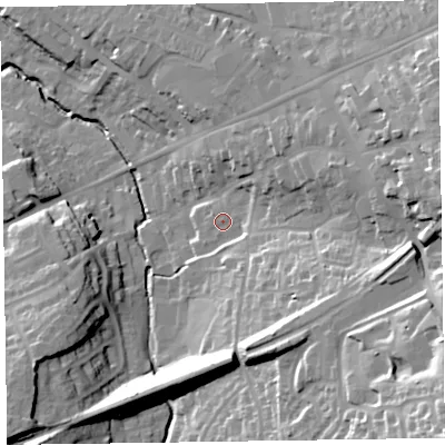Shaded relief map of the ground around EX141DW, computed from Environment Agency LiDAR. The ground here sits at about 101 m above sea level and falls 54 m across the surrounding 800 m. Surface water reaching this point runs off ground lying to the east-north-east, 3.4 m higher.