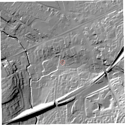 Shaded relief map of the ground around EX141DX, computed from Environment Agency LiDAR. The ground here sits at about 104 m above sea level and falls 61 m across the surrounding 800 m. Surface water reaching this point runs off ground lying to the east-north-east, 11.9 m higher.