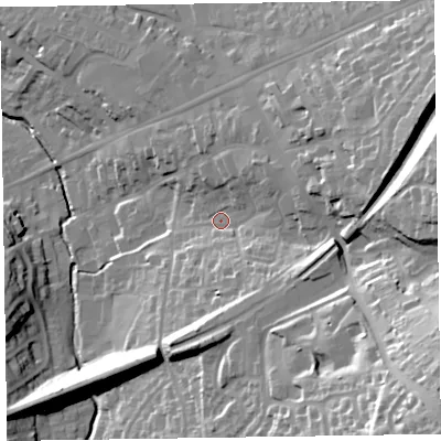Shaded relief map of the ground around EX141EA, computed from Environment Agency LiDAR. The ground here sits at about 106 m above sea level and falls 65 m across the surrounding 800 m. Surface water reaching this point runs off ground lying to the east-south-east, 41.8 m higher.