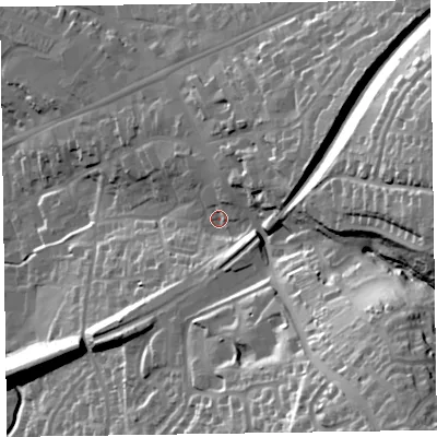 Shaded relief map of the ground around EX141ED, computed from Environment Agency LiDAR. The ground here sits at about 111 m above sea level and falls 63 m across the surrounding 800 m. Surface water reaching this point runs off ground lying to the south-east, 43.8 m higher.