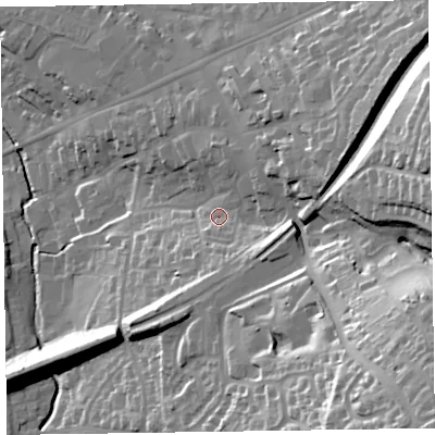 Shaded relief map of the ground around EX141EE, computed from Environment Agency LiDAR. The ground here sits at about 110 m above sea level and falls 66 m across the surrounding 800 m. Surface water reaching this point runs off ground lying to the south-east, 45.7 m higher.