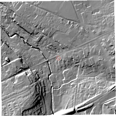Shaded relief map of the ground around EX141JX, computed from Environment Agency LiDAR. The ground here sits at about 98 m above sea level and falls 41 m across the surrounding 800 m. Surface water reaching this point runs off ground lying to the east, 22.2 m higher.