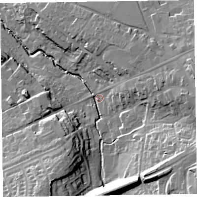 Shaded relief map of the ground around EX141JY, computed from Environment Agency LiDAR. The ground here sits at about 95 m above sea level and falls 39 m across the surrounding 800 m. Surface water reaching this point runs off ground lying to the south-east, 31.3 m higher.