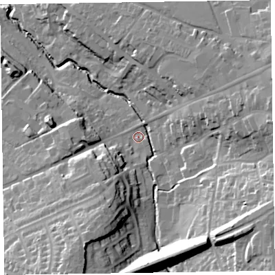 Shaded relief map of the ground around EX141LA, computed from Environment Agency LiDAR. The ground here sits at about 95 m above sea level and falls 37 m across the surrounding 800 m. Surface water reaching this point runs off ground lying to the south-east, 27.8 m higher.