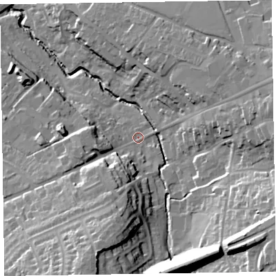 Shaded relief map of the ground around EX141LB, computed from Environment Agency LiDAR. The ground here sits at about 94 m above sea level and falls 37 m across the surrounding 800 m. Surface water reaching this point runs off ground lying to the south-east, 27.8 m higher.