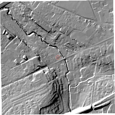 Shaded relief map of the ground around EX141LD, computed from Environment Agency LiDAR. The ground here sits at about 94 m above sea level and falls 37 m across the surrounding 800 m. Surface water reaching this point runs off ground lying to the south-east, 27.8 m higher.