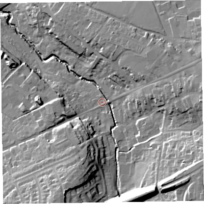 Shaded relief map of the ground around EX141LE, computed from Environment Agency LiDAR. The ground here sits at about 94 m above sea level and falls 37 m across the surrounding 800 m. Surface water reaching this point runs off ground lying to the south-east, 27.8 m higher.