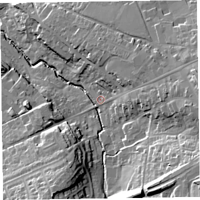 Shaded relief map of the ground around EX141LG, computed from Environment Agency LiDAR. The ground here sits at about 95 m above sea level and falls 39 m across the surrounding 800 m. Surface water reaching this point runs off ground lying to the east, 20.1 m higher.