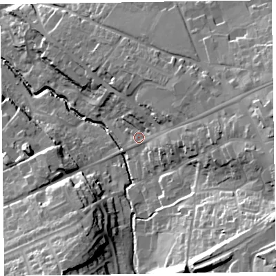 Shaded relief map of the ground around EX141LQ, computed from Environment Agency LiDAR. The ground here sits at about 97 m above sea level and falls 39 m across the surrounding 800 m. Surface water reaching this point runs off ground lying to the north-east, 12.7 m higher.