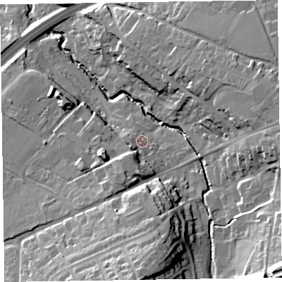 Shaded relief map of the ground around EX141YA, computed from Environment Agency LiDAR. The ground here sits at about 94 m above sea level and falls 36 m across the surrounding 800 m. Surface water reaching this point runs off ground lying to the south-west, 9.5 m higher.
