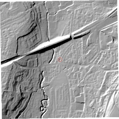 Shaded relief map of the ground around EX142DH, computed from Environment Agency LiDAR. The ground here sits at about 104 m above sea level and falls 63 m across the surrounding 800 m. Surface water reaching this point runs off ground lying to the east-south-east, 45.7 m higher.