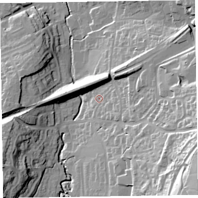 Shaded relief map of the ground around EX142DJ, computed from Environment Agency LiDAR. The ground here sits at about 105 m above sea level and falls 66 m across the surrounding 800 m. Surface water reaching this point runs off ground lying to the east, 40.6 m higher.