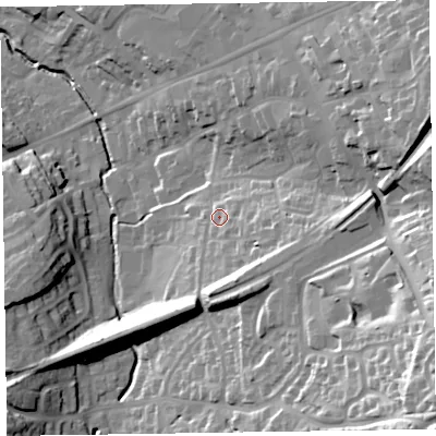 Shaded relief map of the ground around EX142DT, computed from Environment Agency LiDAR. The ground here sits at about 108 m above sea level and falls 64 m across the surrounding 800 m. Surface water reaching this point runs off ground lying to the east-south-east, 12.7 m higher.