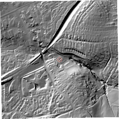 Shaded relief map of the ground around EX142EA, computed from Environment Agency LiDAR. The ground here sits at about 123 m above sea level and falls 59 m across the surrounding 800 m. Surface water reaching this point runs off ground lying to the south-south-east, 42.6 m higher.