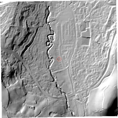Shaded relief map of the ground around EX142EN, computed from Environment Agency LiDAR. The ground here sits at about 108 m above sea level and falls 79 m across the surrounding 800 m. Surface water reaching this point runs off ground lying to the east, 26.7 m higher.