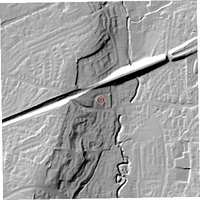 Shaded relief map of the ground around EX142RP, computed from Environment Agency LiDAR. The ground here sits at about 109 m above sea level and falls 44 m across the surrounding 800 m. Surface water reaching this point runs off ground lying to the west, 12.1 m higher.