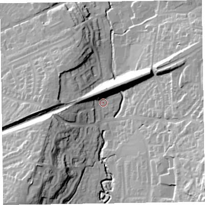 Shaded relief map of the ground around EX142RR, computed from Environment Agency LiDAR. The ground here sits at about 101 m above sea level and falls 44 m across the surrounding 800 m. Surface water reaching this point runs off ground lying to the west-south-west, 27.1 m higher.