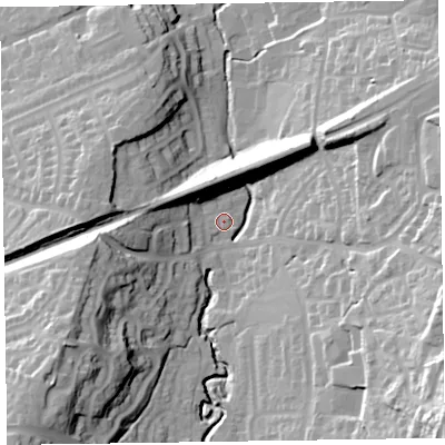 Shaded relief map of the ground around EX142RS, computed from Environment Agency LiDAR. The ground here sits at about 101 m above sea level and falls 49 m across the surrounding 800 m. Surface water reaching this point runs off ground lying to the south-west, 40.3 m higher.