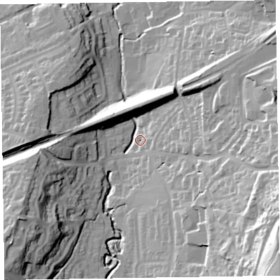 Shaded relief map of the ground around EX142RT, computed from Environment Agency LiDAR. The ground here sits at about 101 m above sea level and falls 62 m across the surrounding 800 m. Surface water reaching this point runs off ground lying to the south-west, 37.2 m higher.