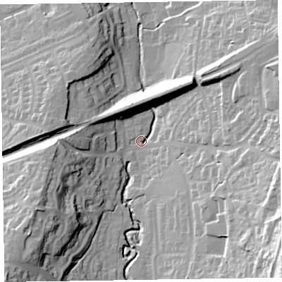 Shaded relief map of the ground around EX142RU, computed from Environment Agency LiDAR. The ground here sits at about 101 m above sea level and falls 53 m across the surrounding 800 m. Surface water reaching this point runs off ground lying to the south-west, 36.6 m higher.