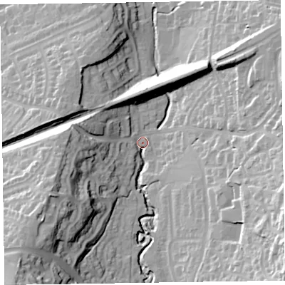 Shaded relief map of the ground around EX142RY, computed from Environment Agency LiDAR. The ground here sits at about 102 m above sea level and falls 47 m across the surrounding 800 m. Surface water reaching this point runs off ground lying to the south-west, 35.0 m higher.
