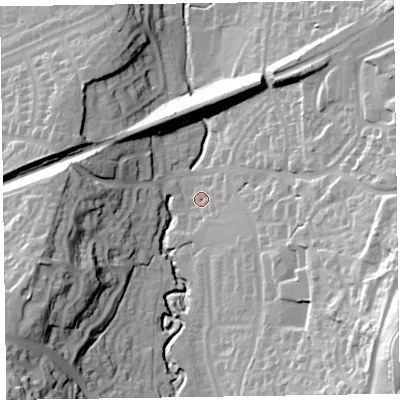 Shaded relief map of the ground around EX142RZ, computed from Environment Agency LiDAR. The ground here sits at about 103 m above sea level and falls 58 m across the surrounding 800 m. Surface water reaching this point runs off ground lying to the south-west, 42.4 m higher.