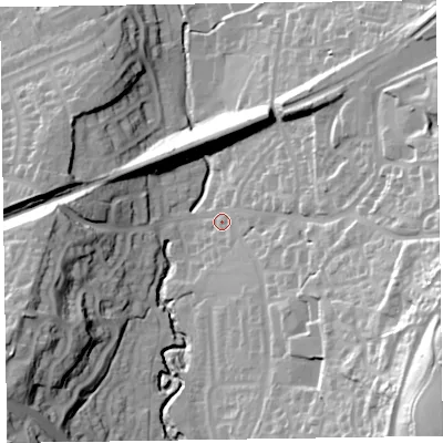 Shaded relief map of the ground around EX142SA, computed from Environment Agency LiDAR. The ground here sits at about 104 m above sea level and falls 61 m across the surrounding 800 m. Surface water reaching this point runs off ground lying to the south-west, 35.8 m higher.