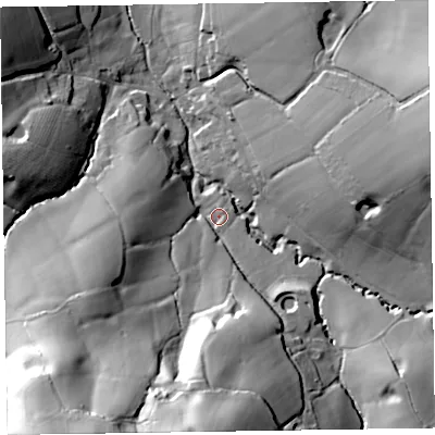 Shaded relief map of the ground around EX143AE, computed from Environment Agency LiDAR. The ground here sits at about 100 m above sea level and falls 70 m across the surrounding 800 m. Surface water reaching this point runs off ground lying to the south, 52.0 m higher.