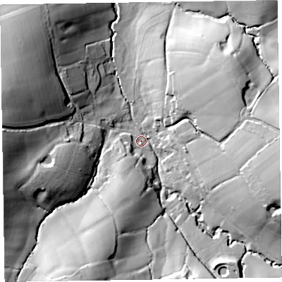 Shaded relief map of the ground around EX143AF, computed from Environment Agency LiDAR. The ground here sits at about 94 m above sea level and falls 41 m across the surrounding 800 m. Surface water reaching this point runs off ground lying to the south-south-west, 33.1 m higher.