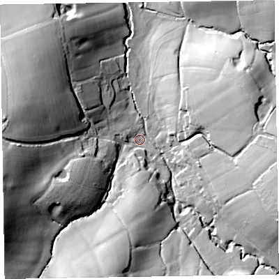 Shaded relief map of the ground around EX143AG, computed from Environment Agency LiDAR. The ground here sits at about 93 m above sea level and falls 44 m across the surrounding 800 m. Surface water reaching this point runs off ground lying to the west-south-west, 37.0 m higher.