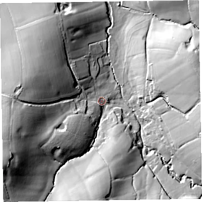 Shaded relief map of the ground around EX143AJ, computed from Environment Agency LiDAR. The ground here sits at about 96 m above sea level and falls 51 m across the surrounding 800 m. Surface water reaching this point runs off ground lying to the west-south-west, 39.5 m higher.