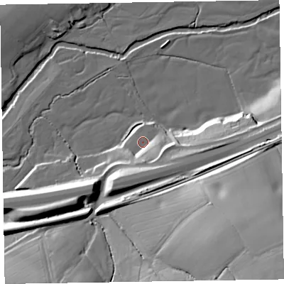 Shaded relief map of the ground around EX143AN, computed from Environment Agency LiDAR. The ground here sits at about 66 m above sea level and falls 45 m across the surrounding 800 m. Surface water reaching this point runs off ground lying to the south-east, 9.8 m higher.