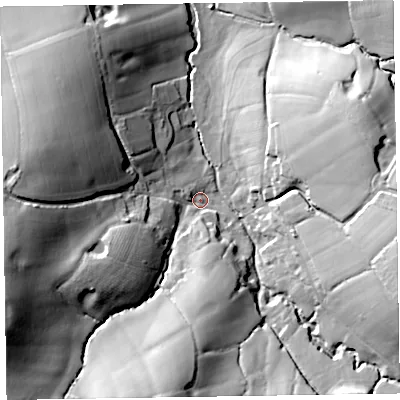 Shaded relief map of the ground around EX143AQ, computed from Environment Agency LiDAR. The ground here sits at about 94 m above sea level and falls 46 m across the surrounding 800 m. Surface water reaching this point runs off ground lying to the west-south-west, 38.3 m higher.